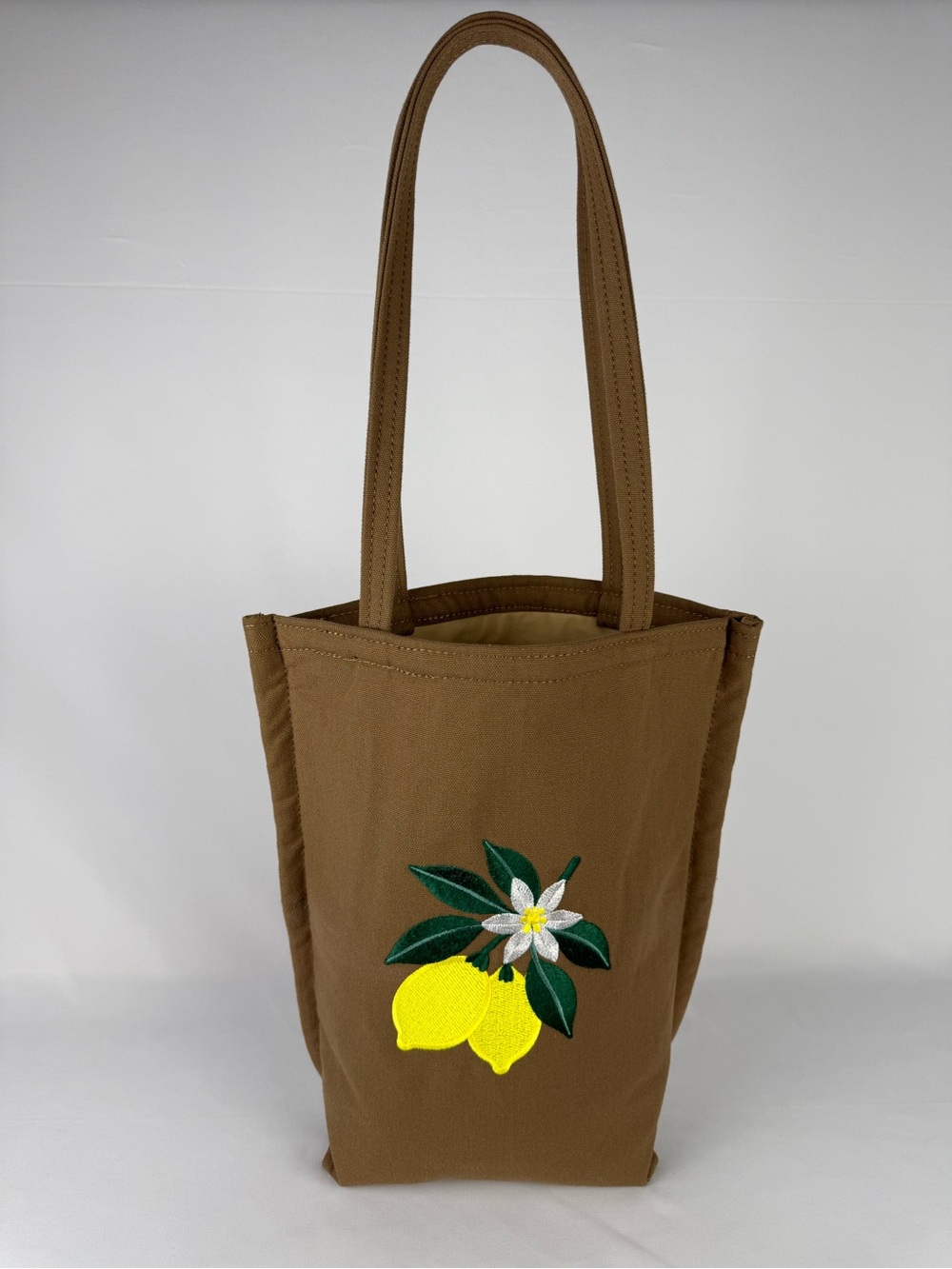 Brown Canvas Tote with Lemon Embroidery